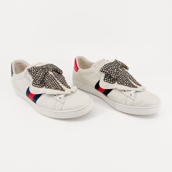 Gucci Crystal Bow Ace Sneakers EU 37.5 US 7.5 White Leather Low Top Lace Up Shoe